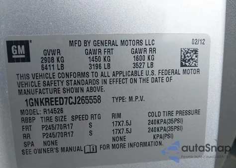 2012 Chevrolet Traverse Ls z USA, uszkodzony, nr VIN 1GNKREED7CJ265558